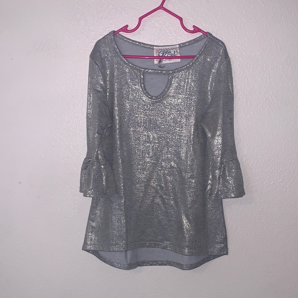 Glitter Girl Metallic Silver 3/4 Bell Sleeve Dressy Shirt Girls Large Keyhole